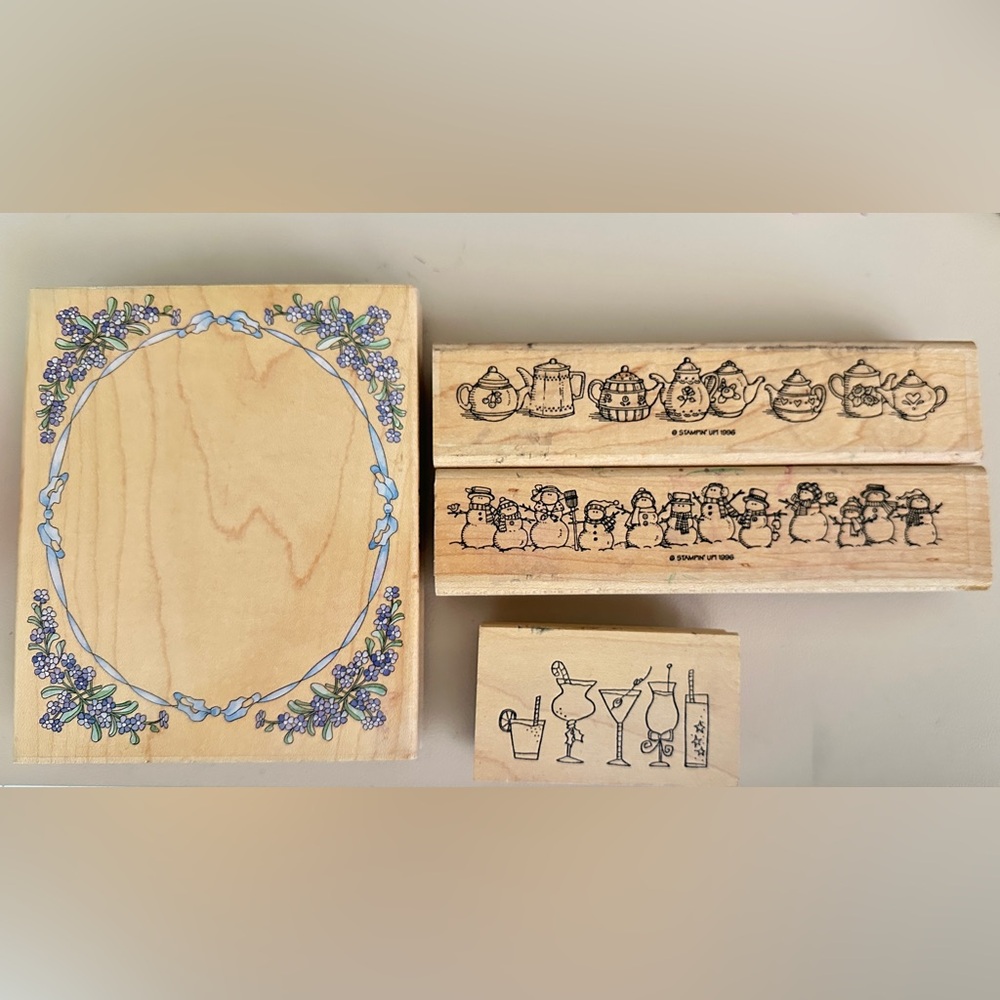Wooden Stamp Set with Floral and Teapot Designs